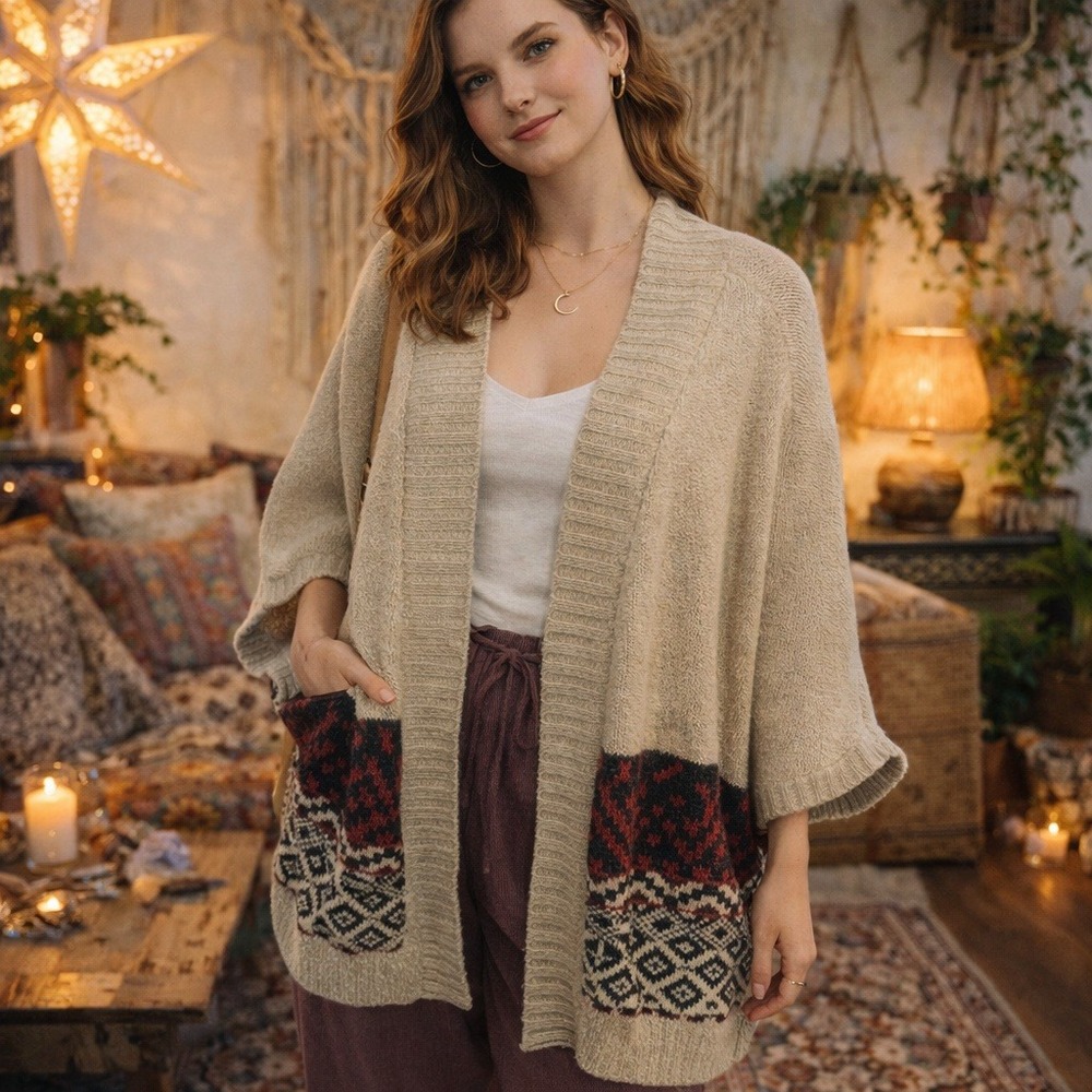 Hem & Thread Cardigan Women S/M Tan Geometric Knit Open Front Aztec Boho Sweater